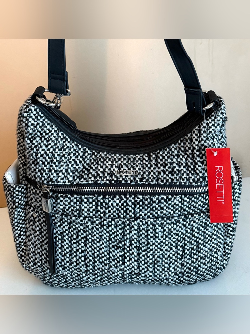 ROSETTI BLACK/WHITE TWEED LARGE SHOULDER BAG SILVER ACCENTS ZIP TWILL NWT